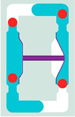 Liquid drawn into the right-hand chamber via the right diaphragm, diaphragm positions reverse at the end of the stroke.