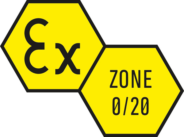 The ATEX Zone 0 rating indicates an area in which an explosive atmosphere is present.